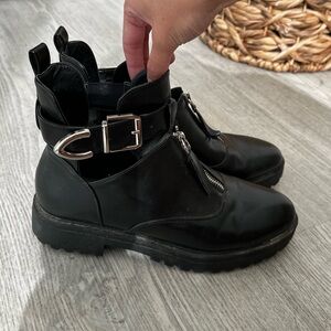 Black Leather Buckle Booties